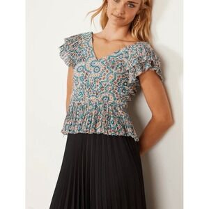 Caballero Katy Top M Flutter Sleeve Cotton Blend Garden Tile Print Going Out Top